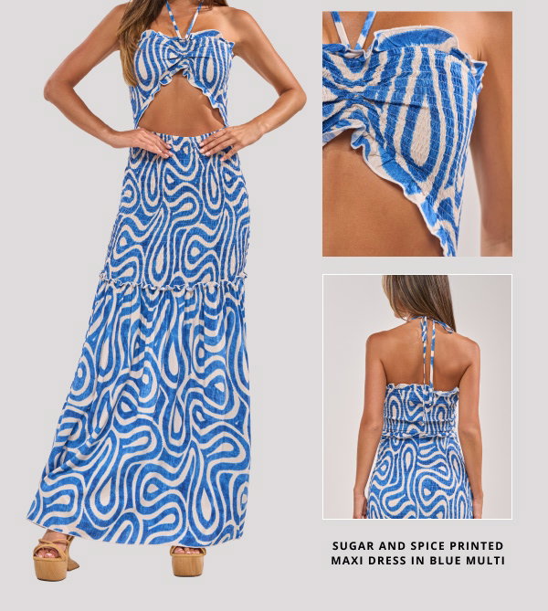 SUGAR AND SPICE PRINTED MAXI DRESS IN BLUE MULTI