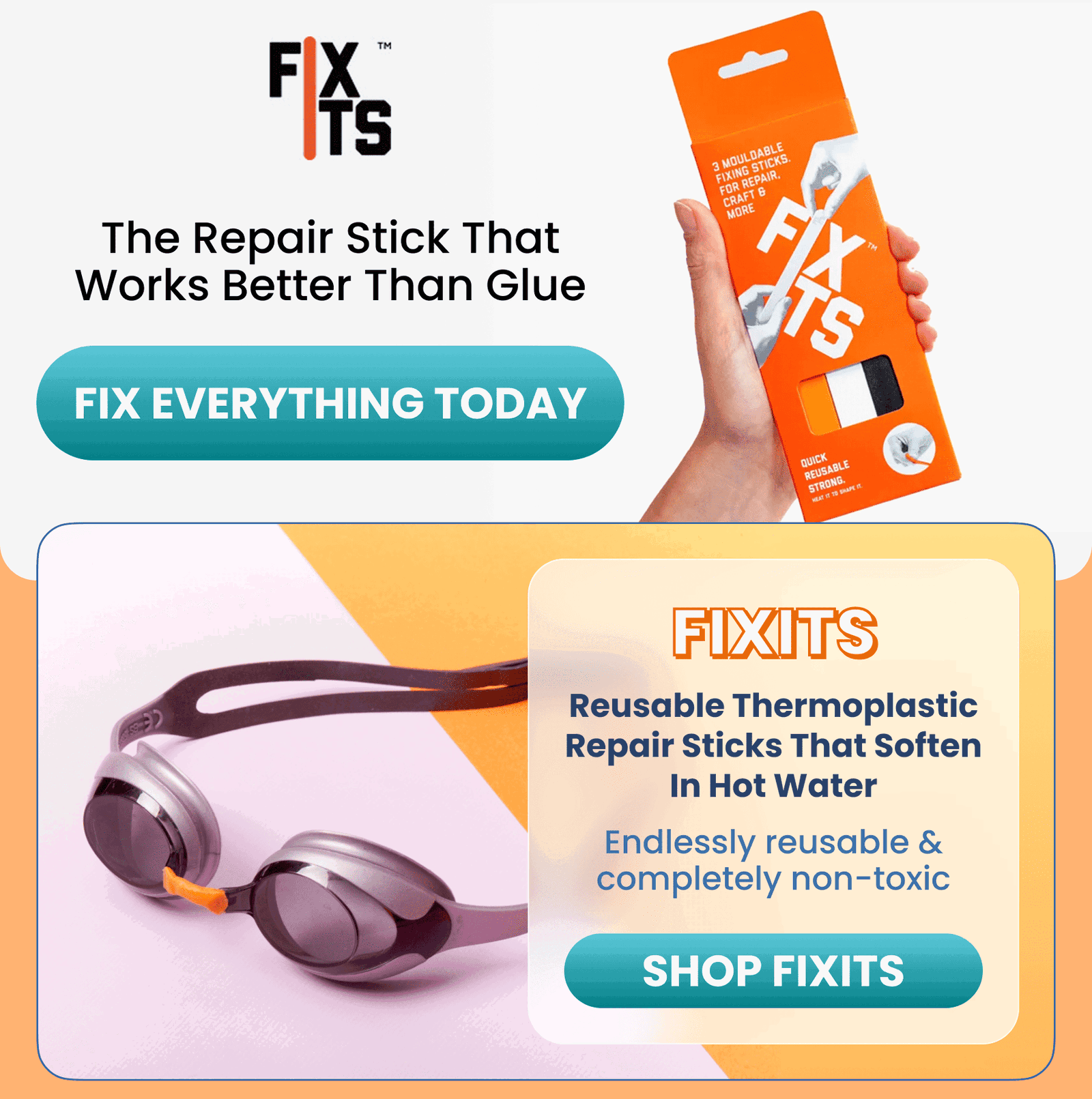 FixIts	Reusable, Eco-Friendly Thermoplastic repair Sticks/Soften in hot water to mold and fix anything in seconds