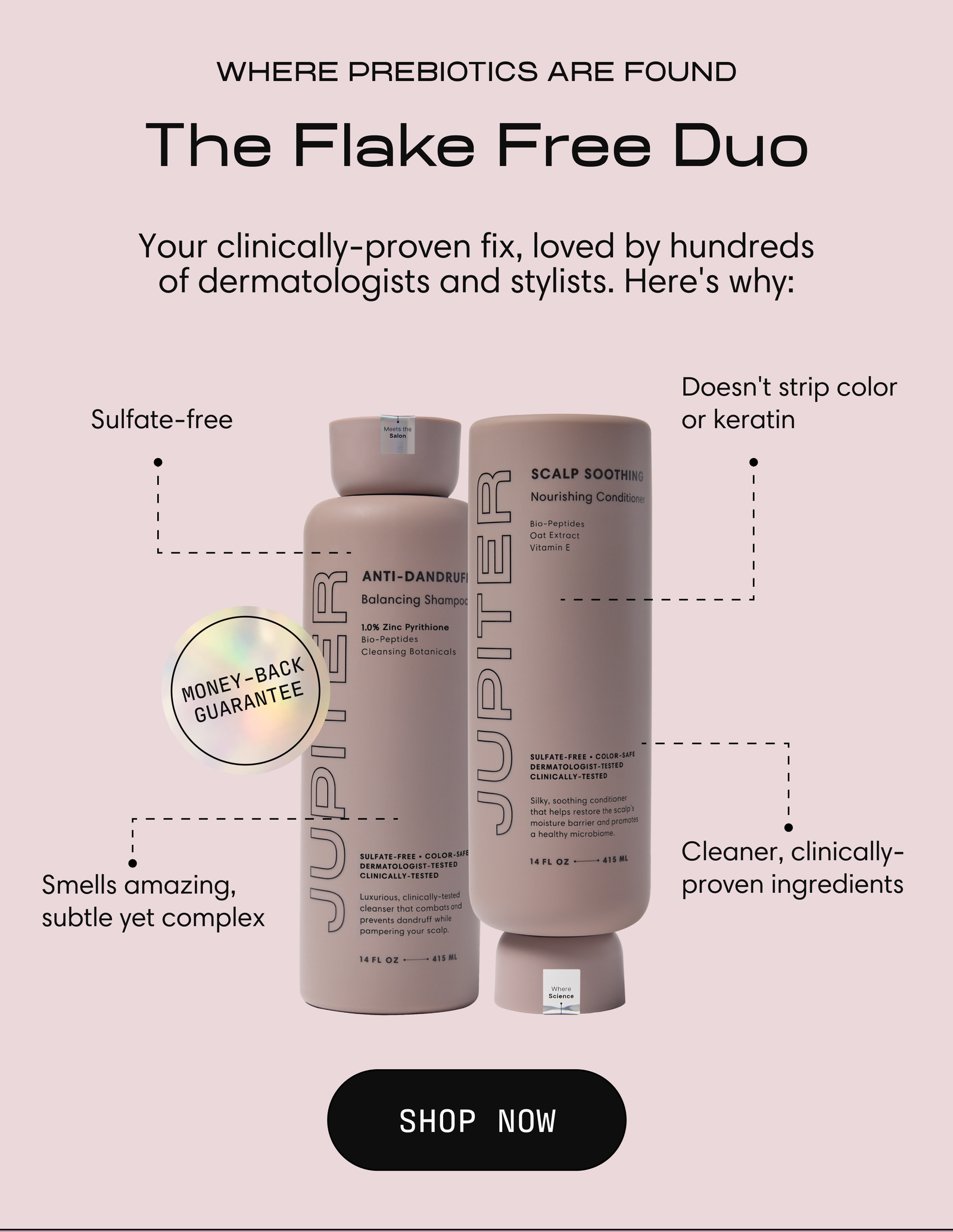 Jupiter Anti-Dandruff Balancing Shampoo and Scalp Soothing Nourishing Conditioner shown together with a Money-Back Guarantee seal. Four benefit callouts: sulfate-free, doesn't strip color or keratin, smells amazing (subtle yet complex), cleaner clinically-proven ingredients. Headline reads "Where Prebiotics Are Found: The Flake-Free Duo, your clinically-proven fix loved by hundreds of dermatologists and stylists." Button reads "Shop Now."