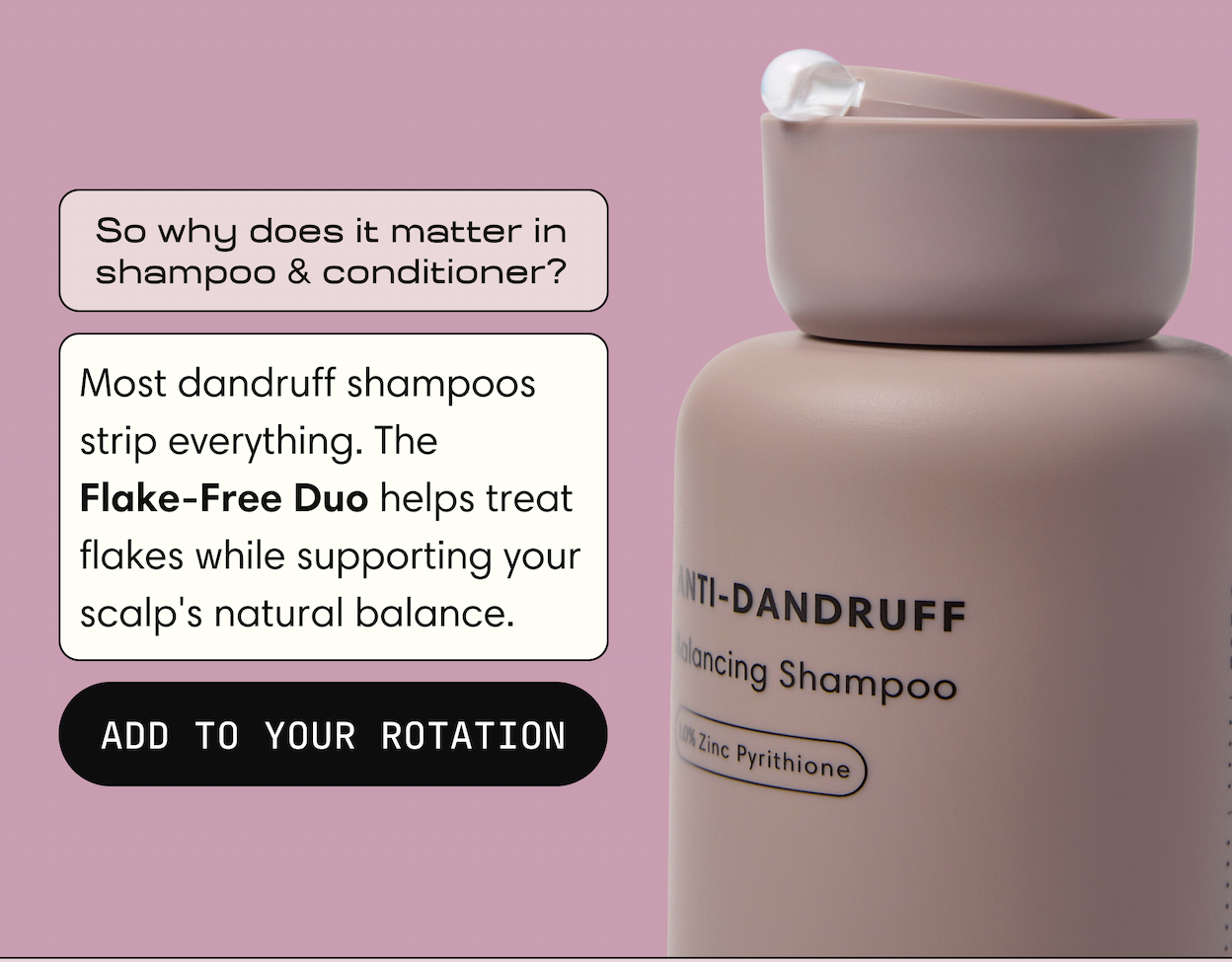 Jupiter Anti-Dandruff Balancing Shampoo with 1.0% Zinc Pyrithione, alongside a callout that reads "So why does it matter in shampoo and conditioner? Most dandruff shampoos strip everything. The Flake-Free Duo helps treat flakes while supporting your scalp's natural balance." Button reads "Add to your rotation."