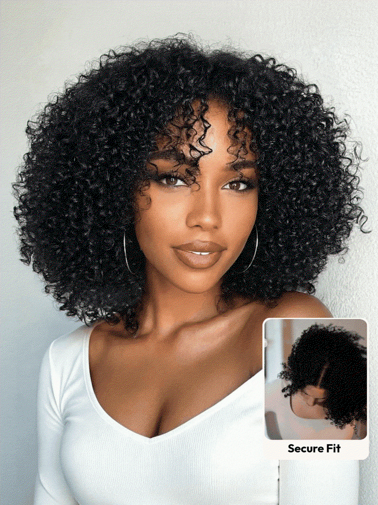 [22'=$99] 180% Full Density 7x5 Lace Bye Bye Slip™ Natural Black Afro Kinky Curly with Finger Coil Ends Drawstring Wig 180% Density