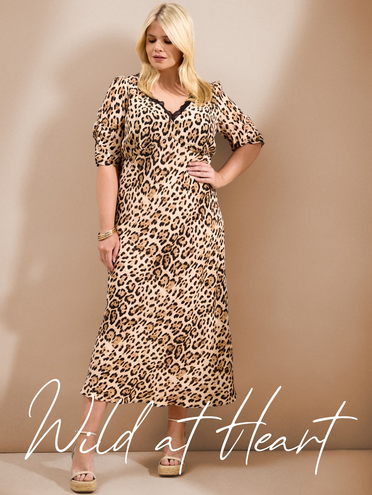 Natural Leopard Print Lace Trim Midaxi Dress