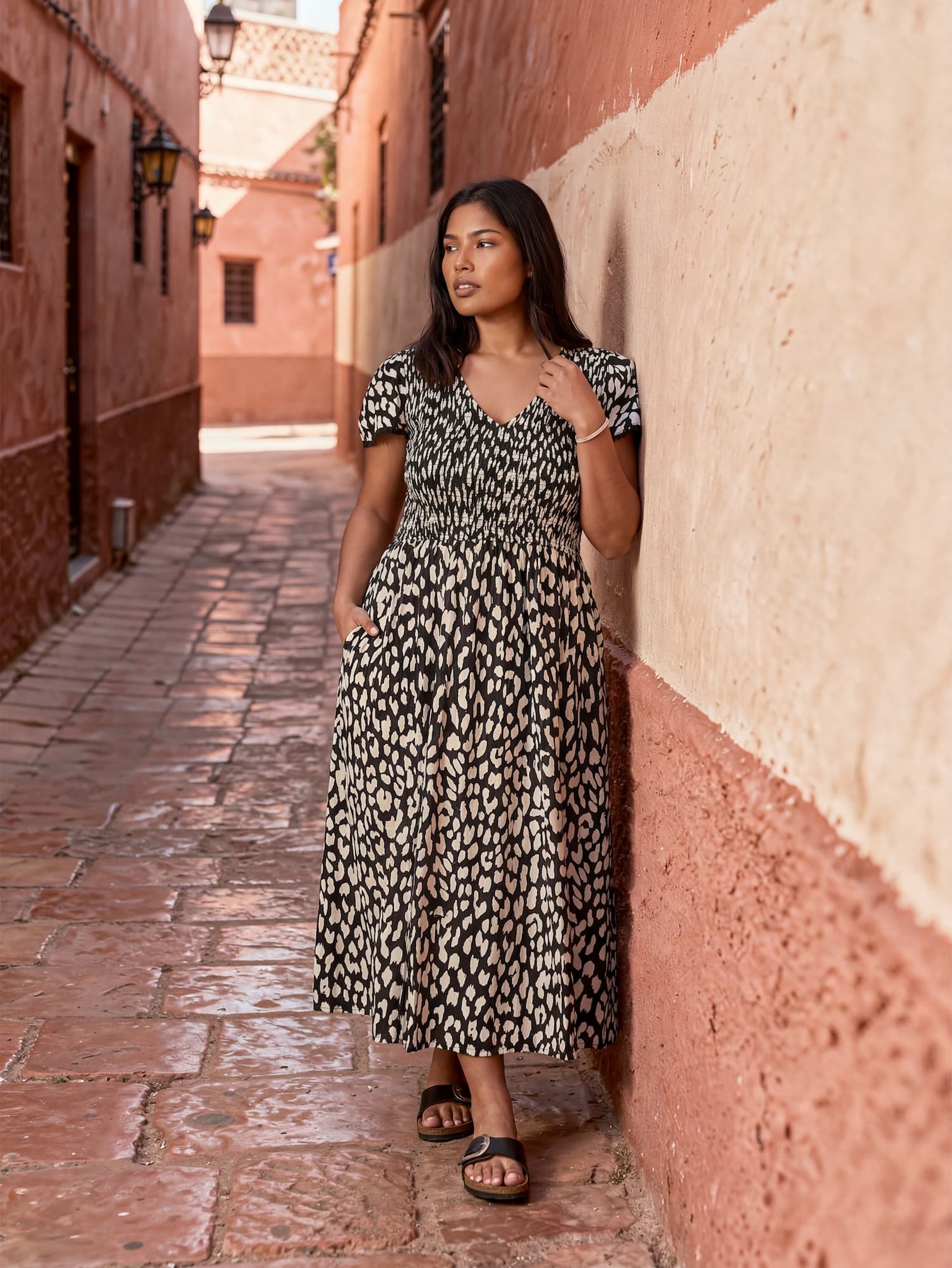 Black Mono Animal Print Shirred Cotton Midi Dress