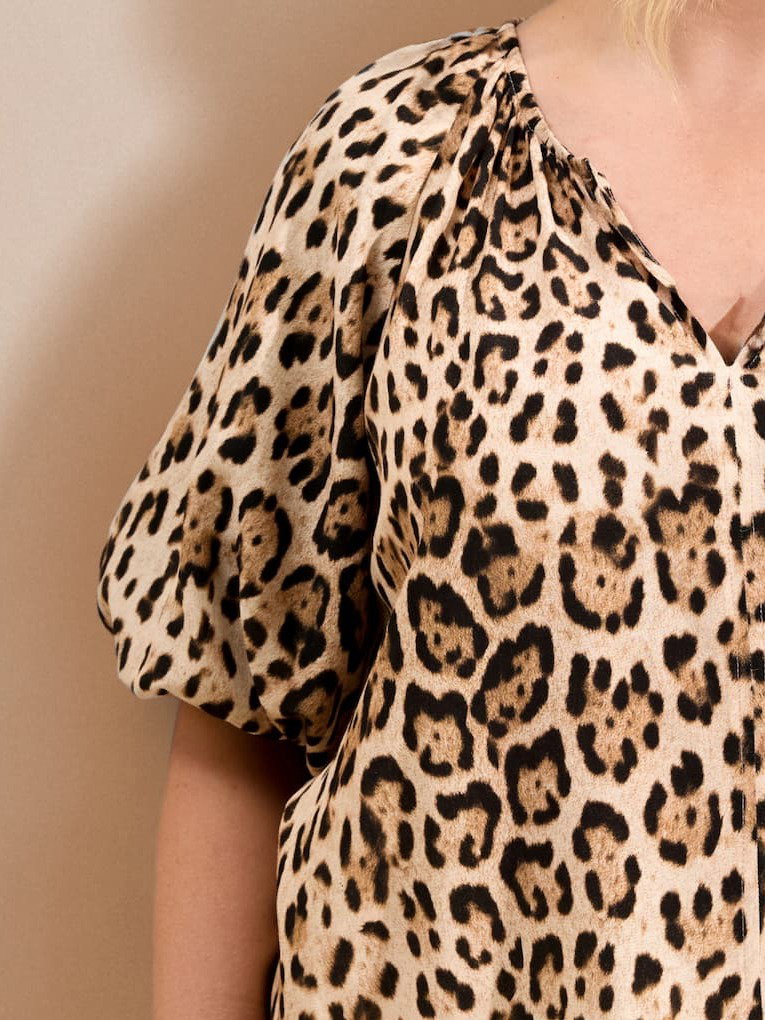 Natural Leopard Print Tie Front Puff Sleeve Blouse