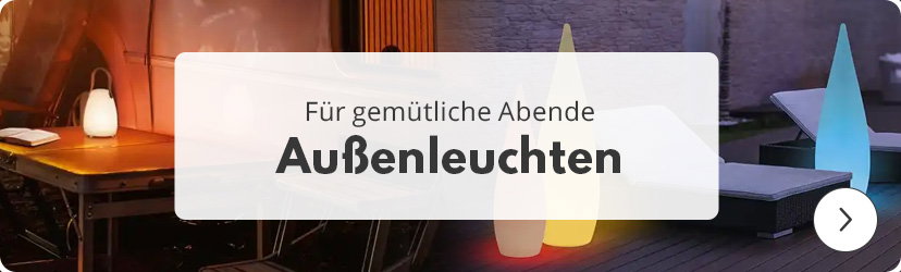 Zweiteilige Collage zum Thema Außenleuchten. Links steht eine tragbare Leuchte mit Henkel auf einem Klapptisch, warmes Licht beleuchtet den Bereich. Rechts sind drei kegelförmige Leuchten in Blau, Gelb und Rot auf einer Terrasse zu sehen. In Vordergrund ist ein halbtransparentes Textfeld, auf dem steht: 'Für gemütliche Abende - Außenleuchten'.