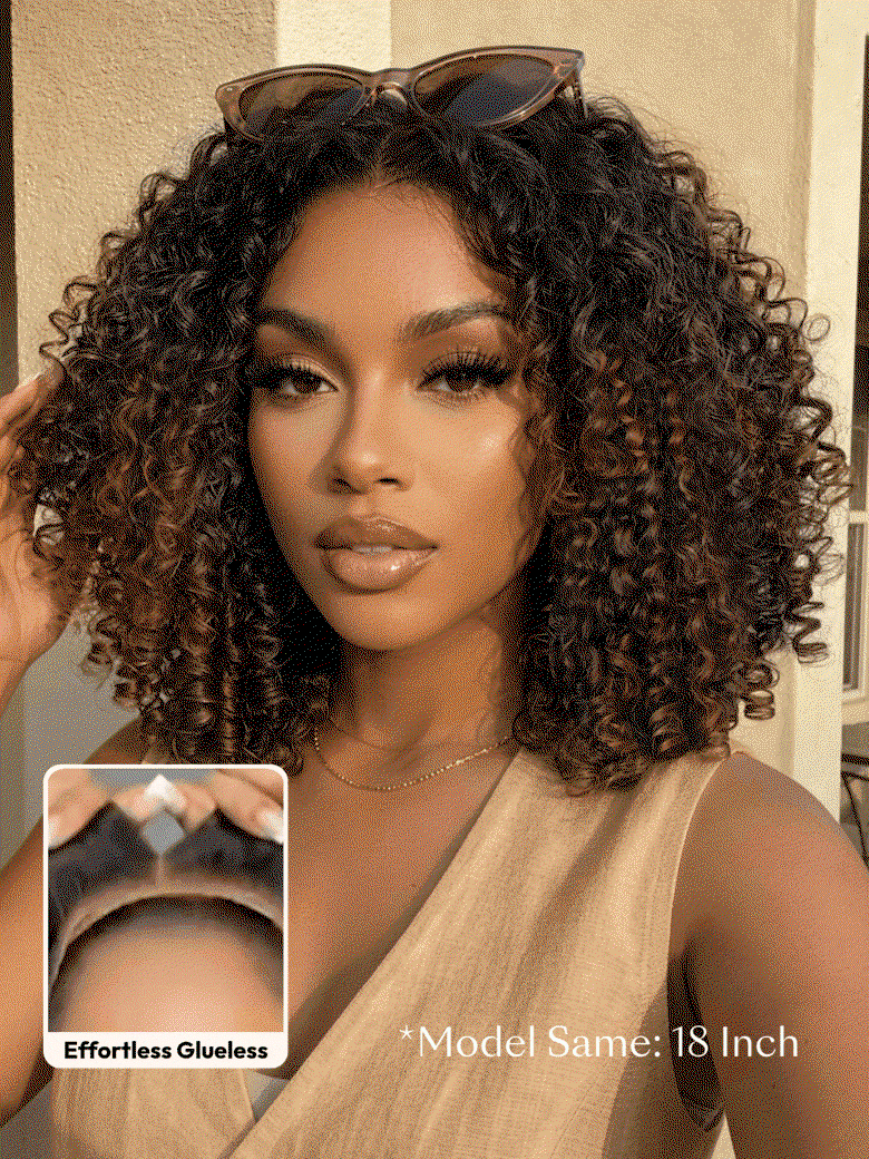 7x5 Bye Bye Slip™ Glueless Lace Black to Chestnut Brown Ombre Burmese Curly With Finger Coil Ends Wig-Put On & Go With Invisi Drawstring