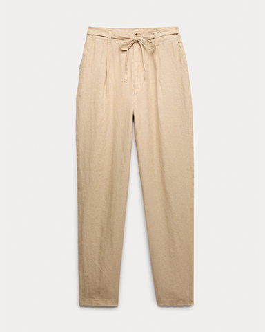Sandstone Pure Linen Pleat Front Belted Tapered Trousers