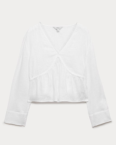 White Pure Linen V-Neck Peplum Top