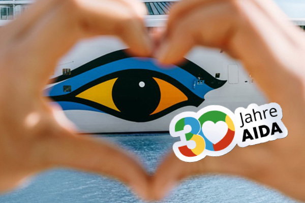 Herzform mit Händen vor AIDA Schiff, dazu „30 Jahre AIDA“ Logo. | Link zu AIDA