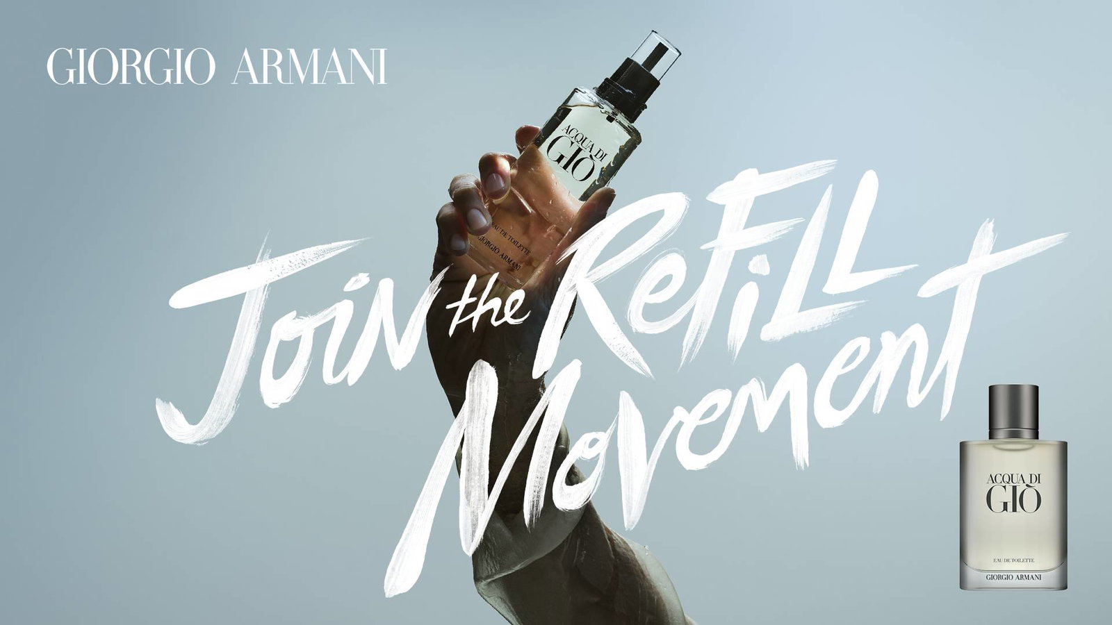 A hand refilling an Acqua di Giò bottle with the text "Join the Refill Movement" in a white brush font over a light grey background.