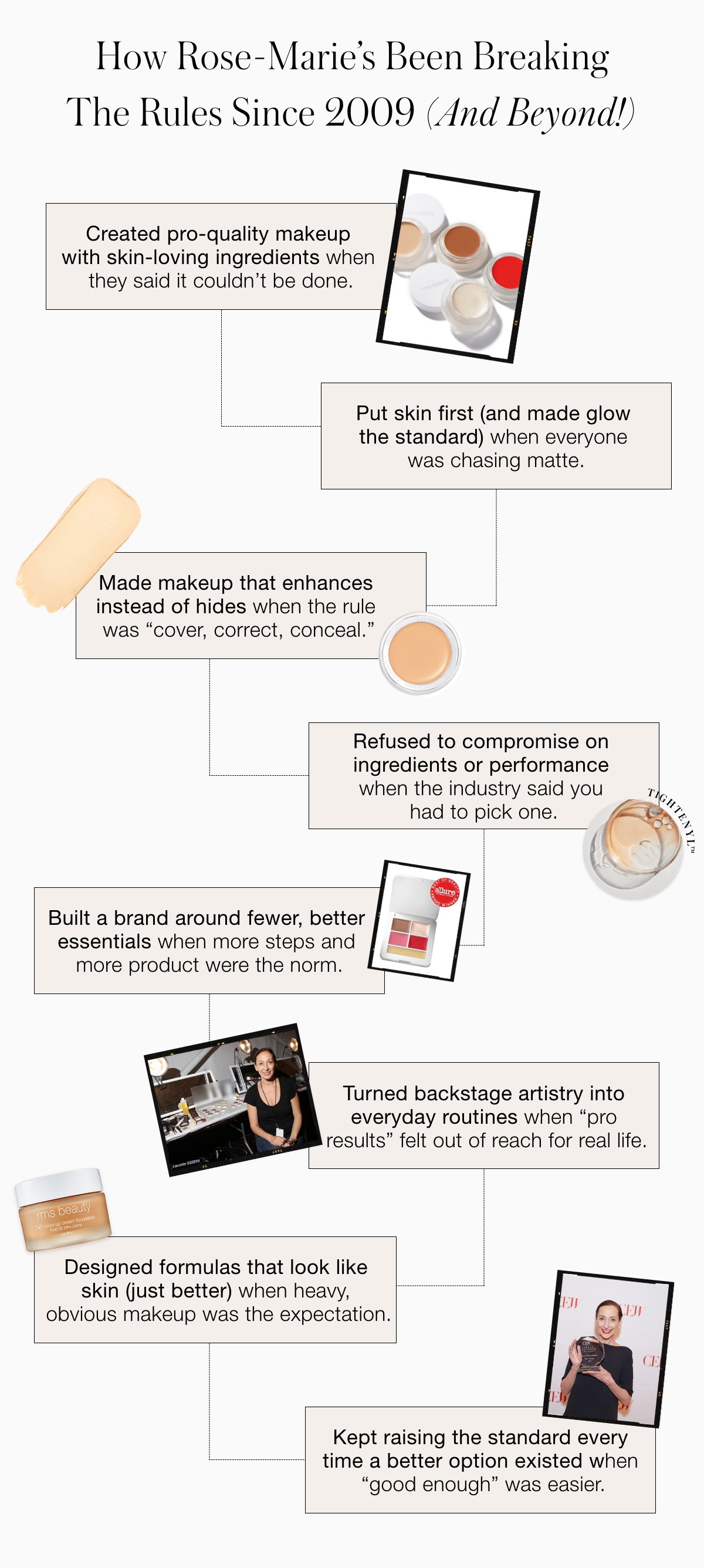 How Rose-Marie Been Breaking The Rules Since 20Created pro-quality makeup with skin-loving ingredients when they said it couldn’t be done. Put skin first (and made glow the standard) when everyone was chasing matte. Made makeup that enhances instead of hides when the rule was “cover, correct, conceal.” Refused to compromise on ingredients or performance when the industry said you had to pick one. Built a brand around fewer, better essentials when more steps and more product were the norm. Turned backstage artistry into everyday routines when “pro results” felt out of reach for real life. Designed formulas that look like skin (just better) when heavy, obvious makeup was the expectation. Kept raising the standard every time a better option existed when “good enough” was easier.09 (And Beyond!)  