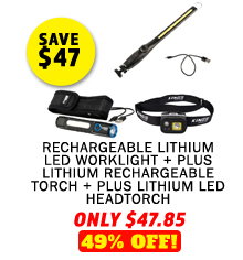 Rechargeable Lithium LED Worklight + Plus Lithium Rechargeable Torch + Plus Lithium LED Headtorch