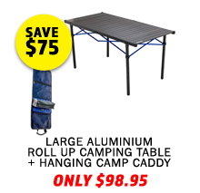 Large Aluminium Roll Up Camping Table + Hanging Camp Caddy