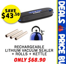 Rechargeable Lithium Vacuum Sealer + Vacuum Sealer Rolls 3-Pack + Camping Kettle
