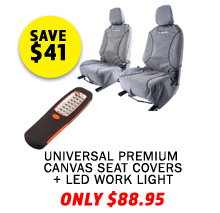 Universal Premium Canvas Seat Covers (Pair) + LED Work Light