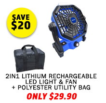 2in1 Lithium Rechargeable LED Light & Fan + Polyester Utility Bag