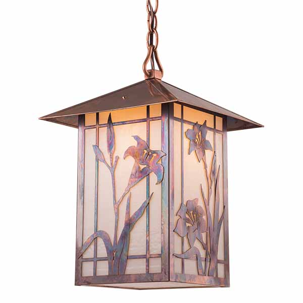 A copper chain pendant lantern with lily artwork.