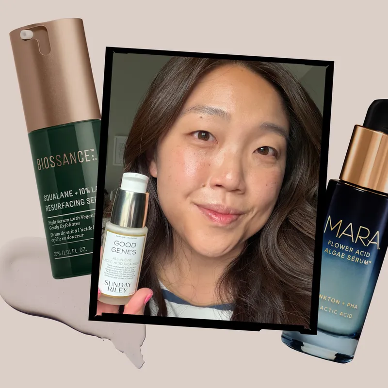 Image contains Allure contributing commerce writer Christa Joanna Lee holding Sunday Riley Good Genes All-In-One Lactic Acid Treatment, surrounded by a collage of the best lactic acid serums