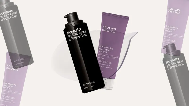 Image contains a collage of the best brightening body lotions