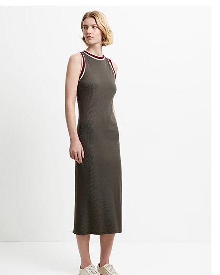Alma Jersey Sleeveless Tipped Khaki Green Midi Dress