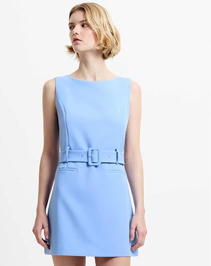 Azra Twill Tailored Belted Light Blue Mini Dress