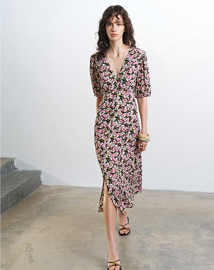 Molly Eco Puff Sleeve Floral Midi Tea Dress