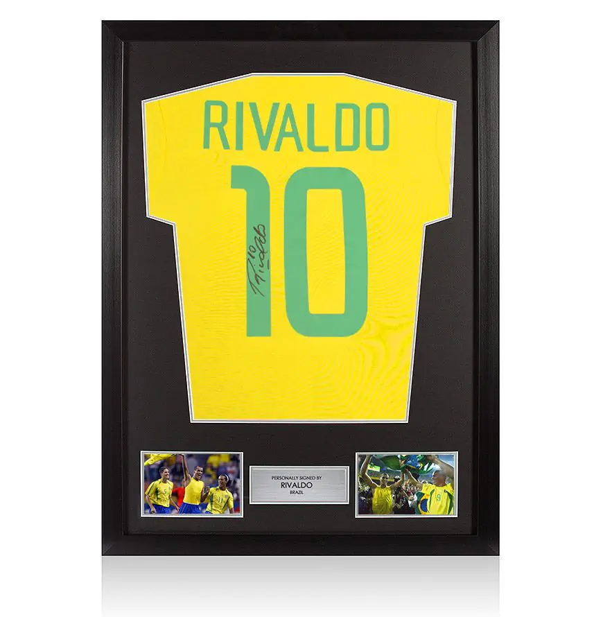 Framed Rivaldo Signed Brazil Shirt: Home, Retro