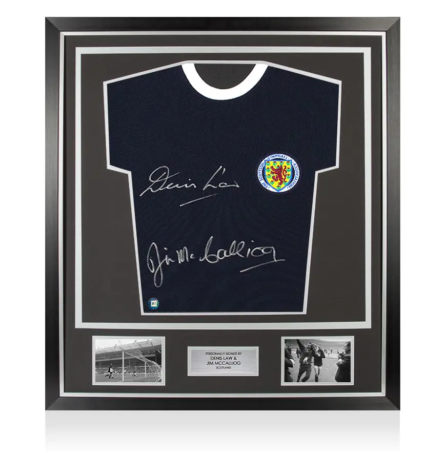 Framed Denis Law & Jim McCalliog Signed Scotland Shirt: Home, 1967-68 - Premium
