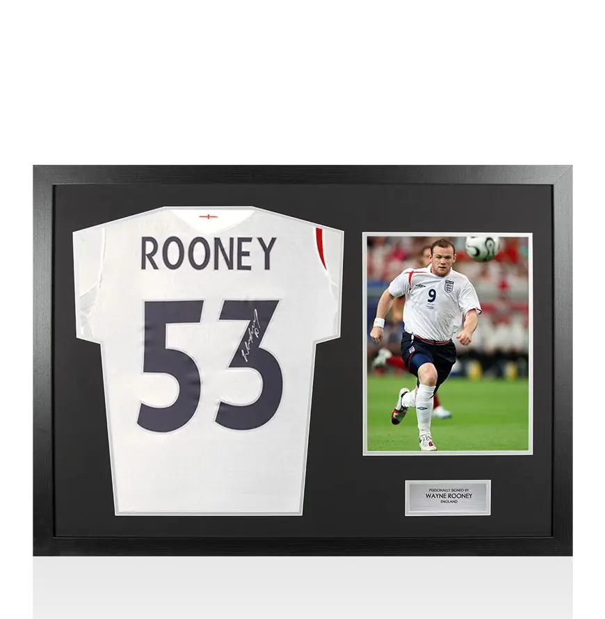 Framed Wayne Rooney Signed England Shirt: Home, 2005-06: 53 Goals Edition - Panoramic
