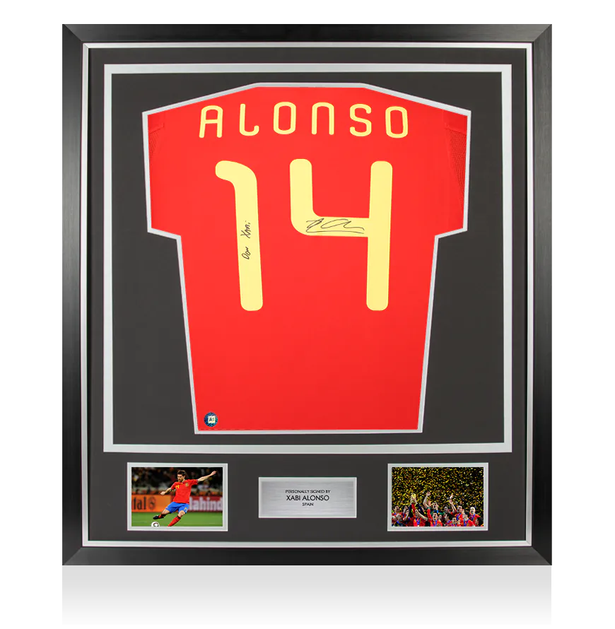 Framed Xabi Alonso Back Signed Spain 2010 Home Shirt: Don Xabi Inscription - Premium