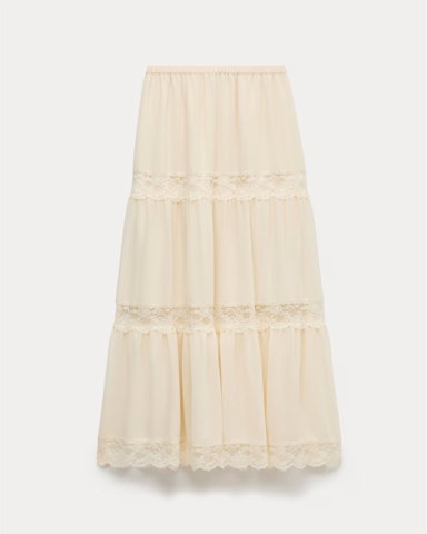 Lace Insert Midi Tiered Skirt in Ivory