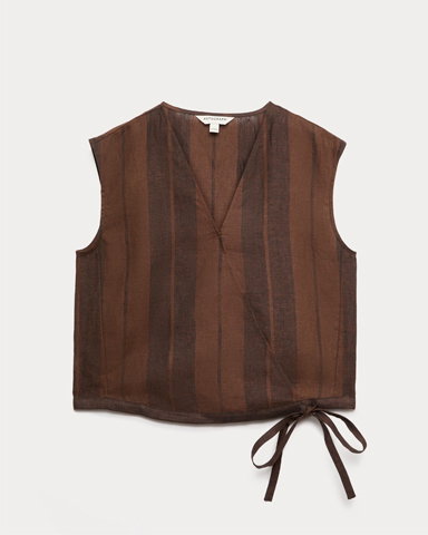 Autograph Pure Flax Linen Striped Wrap Top in Brown Mix