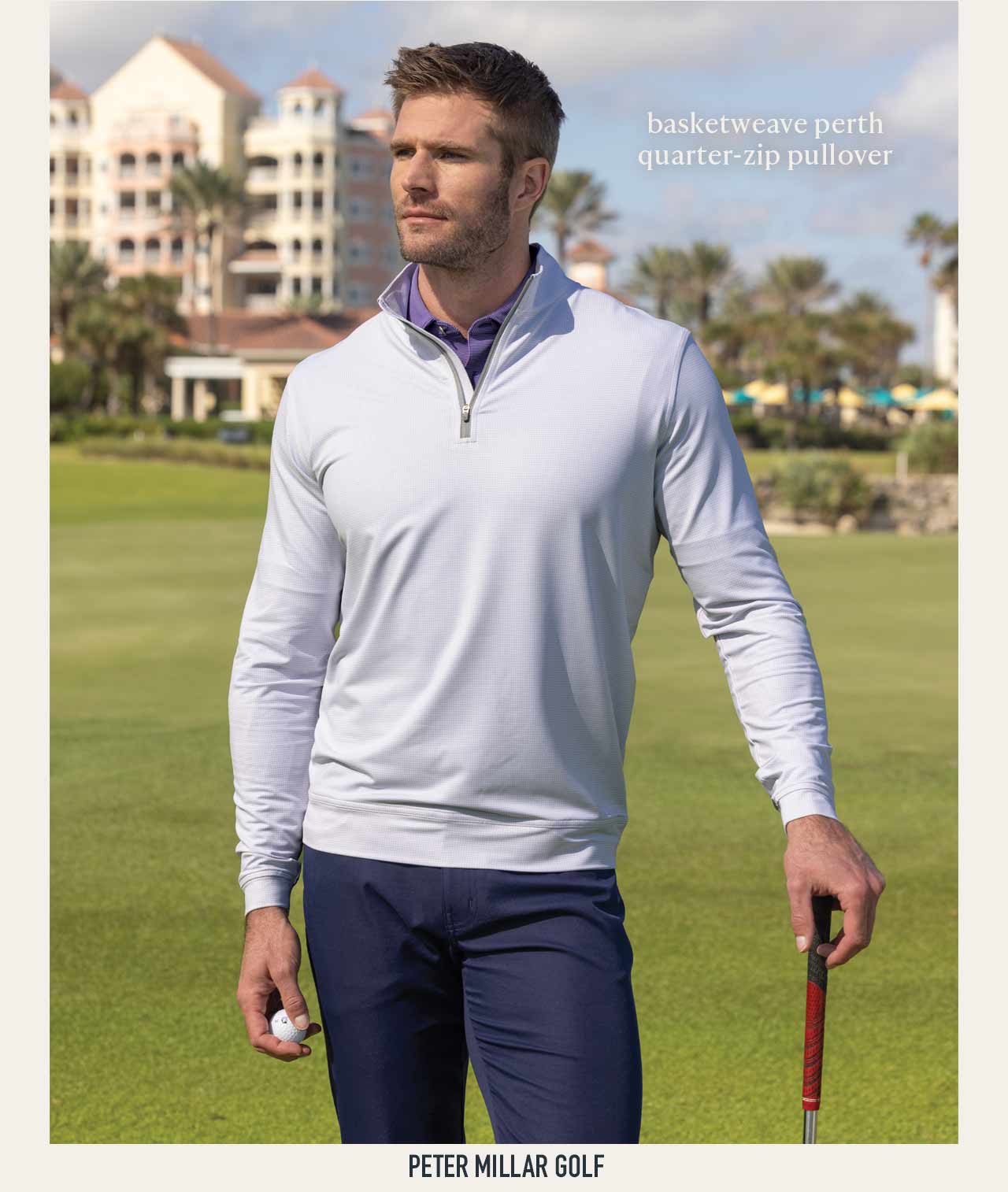 Peter Millar Golf — Basketweave Perth Quarter-Zip Pullover, man on the golf course