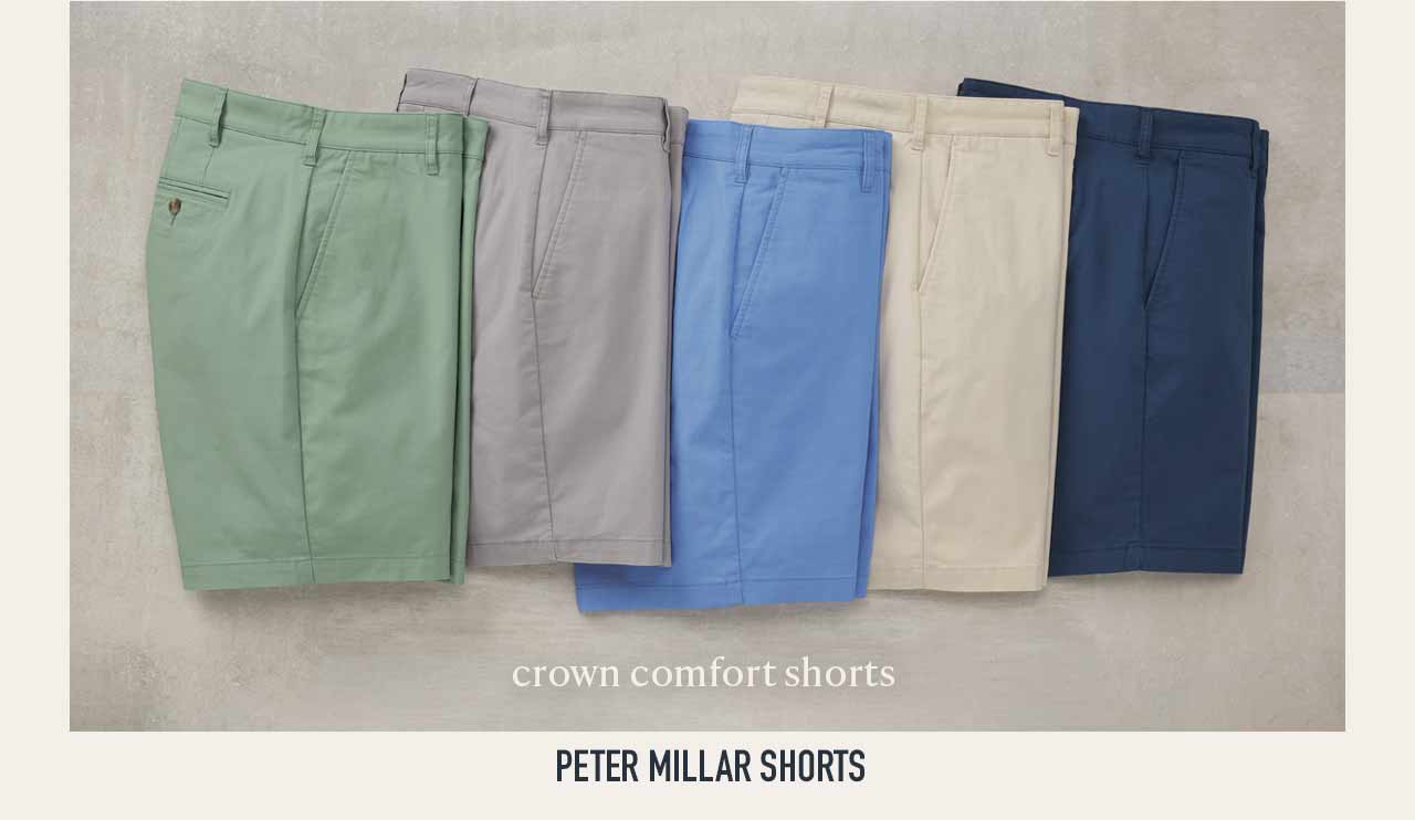Peter Millar Shorts — Crown Comfort Shorts in green, gray, blue, khaki, and navy
