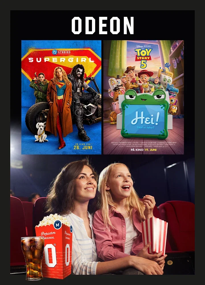 Kinobilletter hos ODEON, velg popcornmeny, hverdagsbillett, ordinær- eller gullbillett