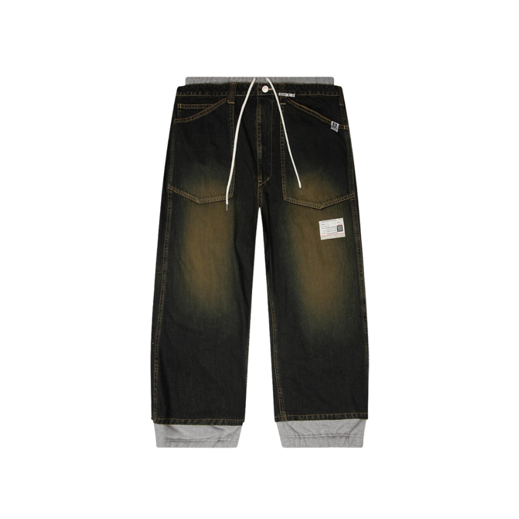 Sweat Pants Combined Denim Pants - Indigo