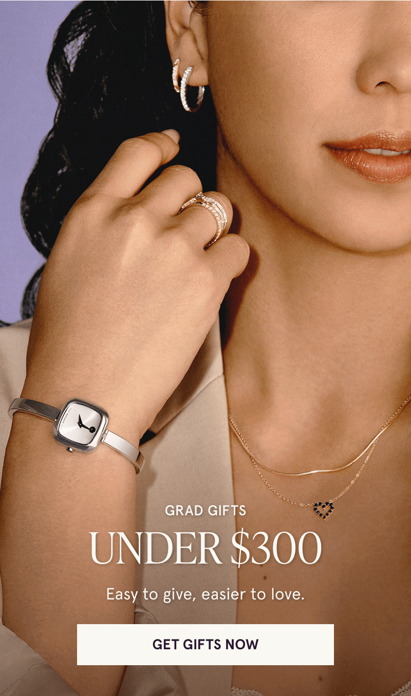 Model in bangle watch, heart pendant link, rings & hoops. Grad gifts under $300. Easy to give & love. Click here to get gifts now