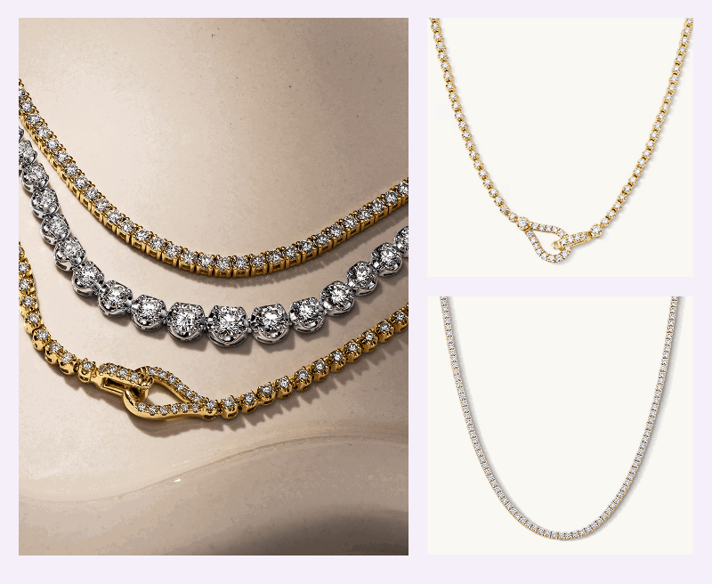 Product shot of tennis necklaces: gold version, with a pavé-set interlocking loop design & silver classic version.
