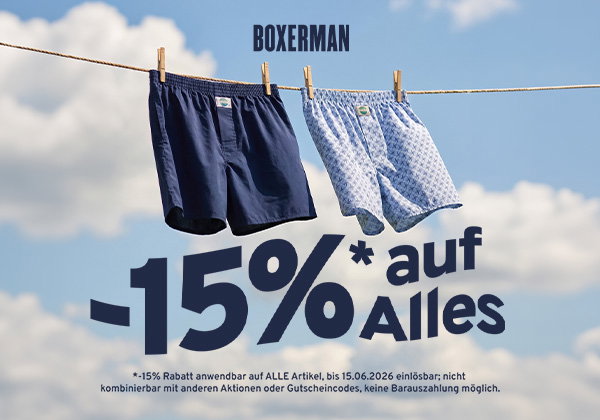 Boxershorts auf einer Wäscheleine mit großem Text "-15%* auf alles"