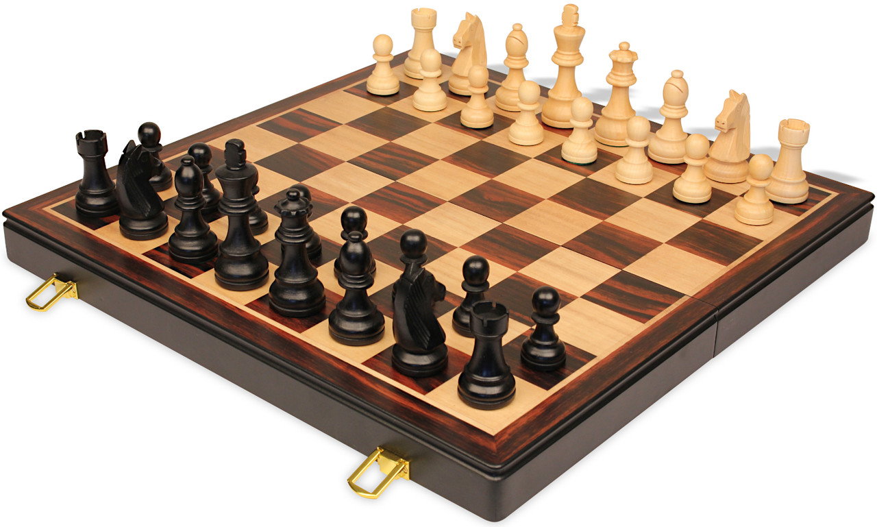 Image of Tournament Standard Staunton Chess Set - Black & Natural Pieces - Folding Macassar Case - 3.75