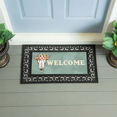 Southwest Pueblo Flocked Coir Sassafras Switch Mat, Steer Skull "Welcome", 22"x10"