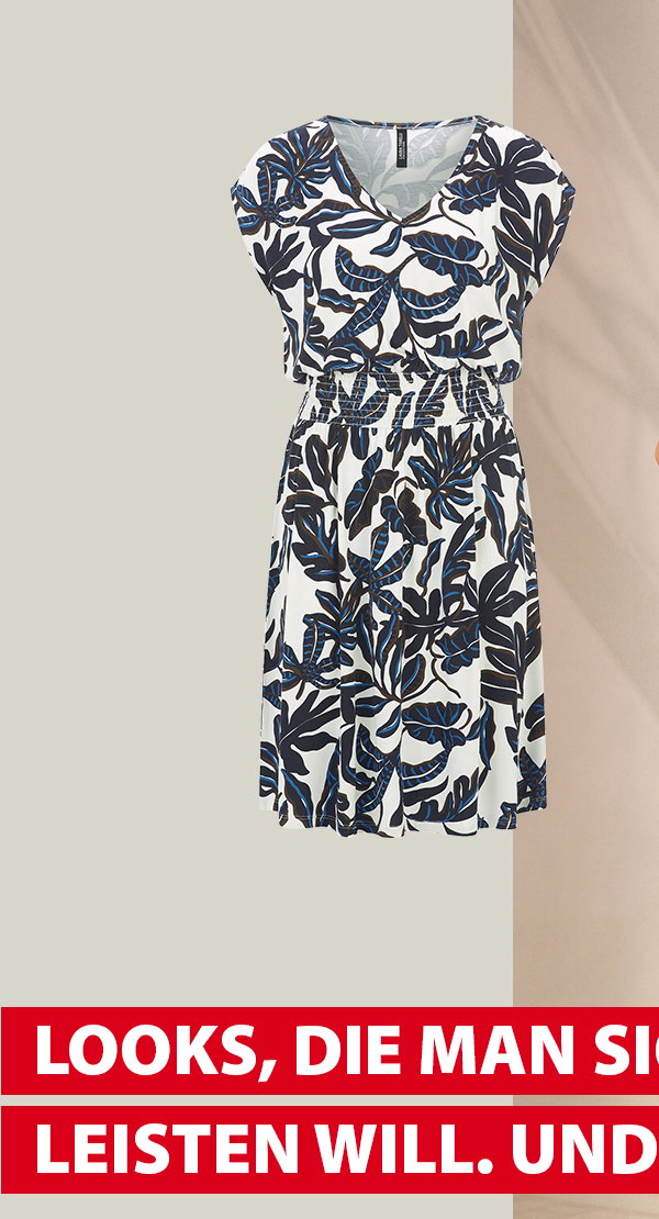 Kleid, Weiß, gemustert mit blau-schwarzem Blätterdesign, Kurzarm, ausgestellter Rock, Vorderansicht
