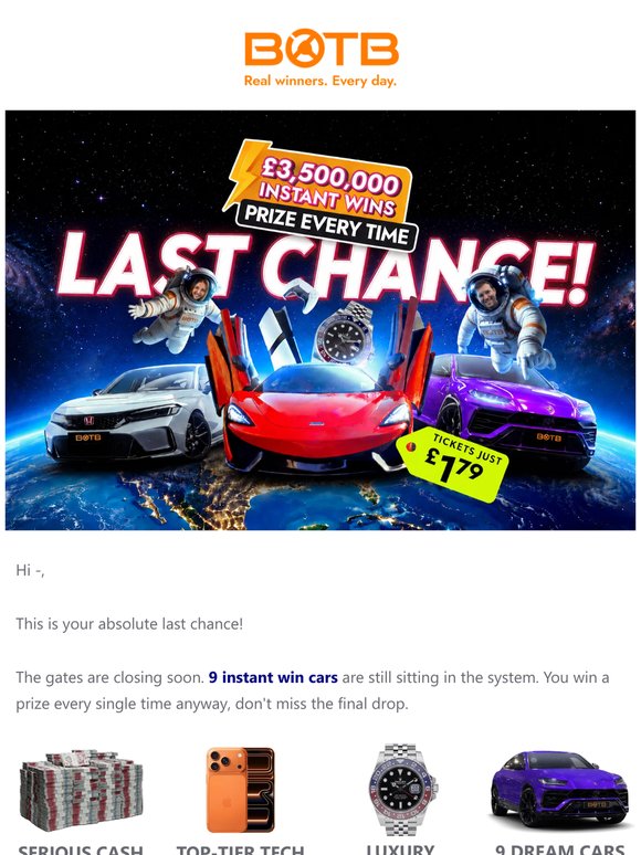 🏁 FINAL HOURS. 9 DREAM CARS STILL LIVE.