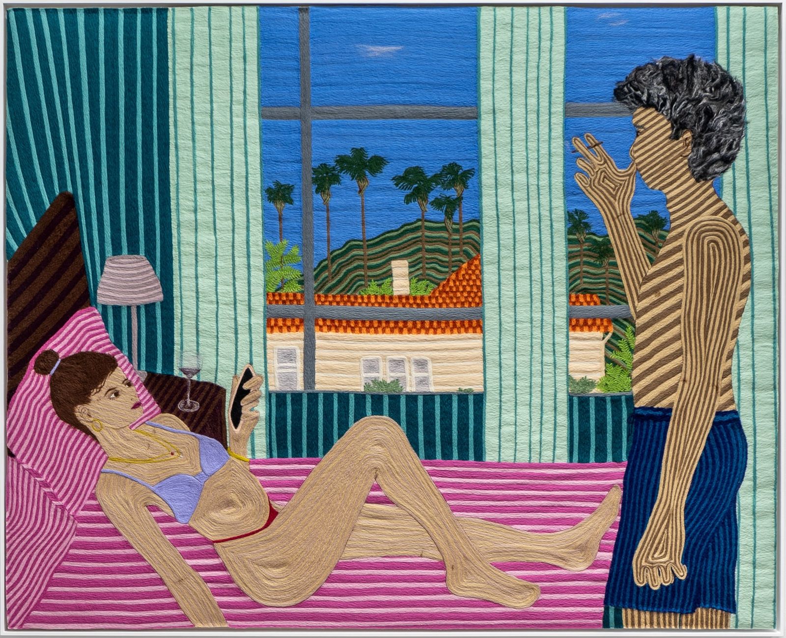 Colourful painting of woman on bed looking at phone, and man standing