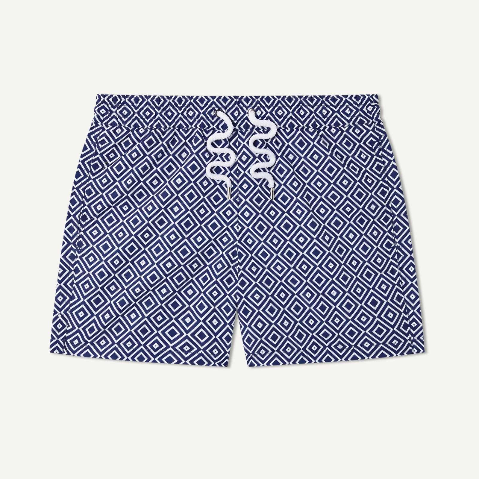 Blue patterned swim trunks, with drawstring