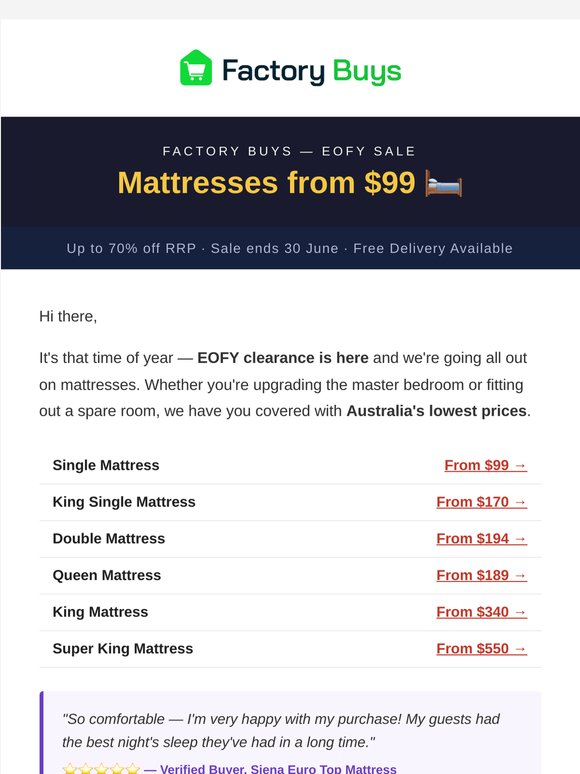 🛏️ Mattresses from $99 — EOFY starts NOW