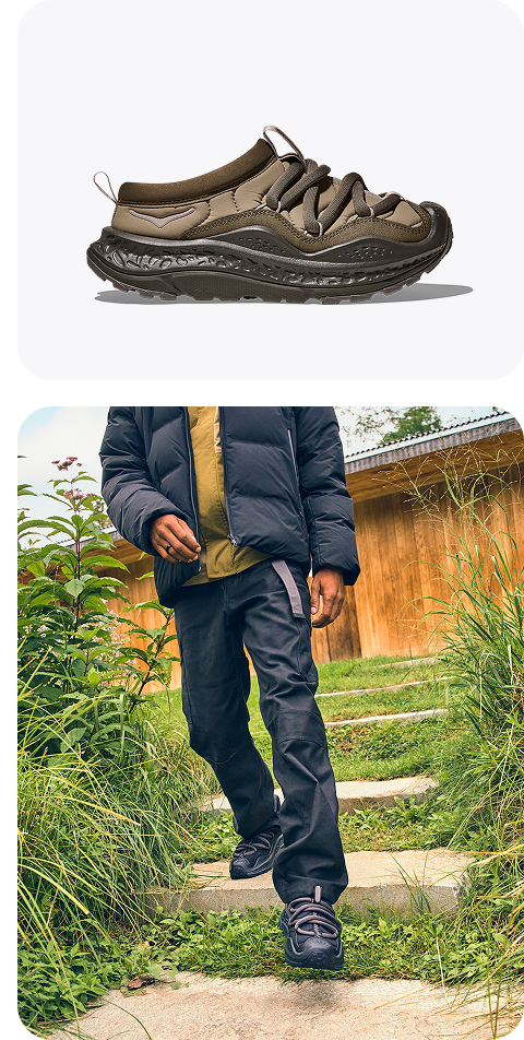 Person walking down outdoor stone steps wearing Ora Primo model. Ora Primo in Light Roast / Asphalt Grey