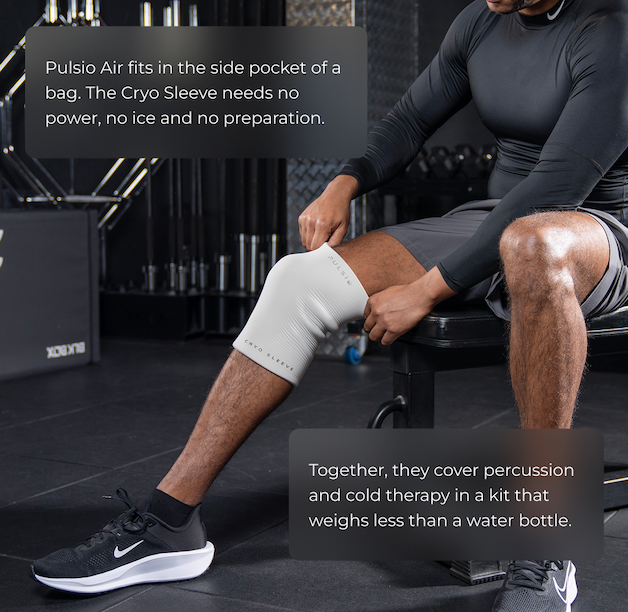 Pulsio Air fits in the side pocket of a bag. The Cryosleeve needs no power, no ice and no preparation.