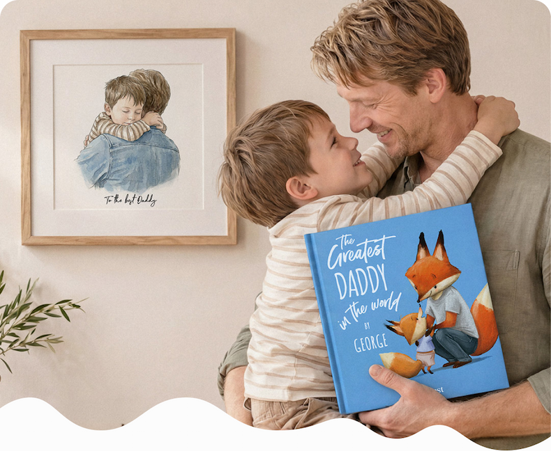 A father and young child hugging and laughing together, with a framed watercolour illustration and a personalised "The Greatest Daddy in the World" book visible behind them