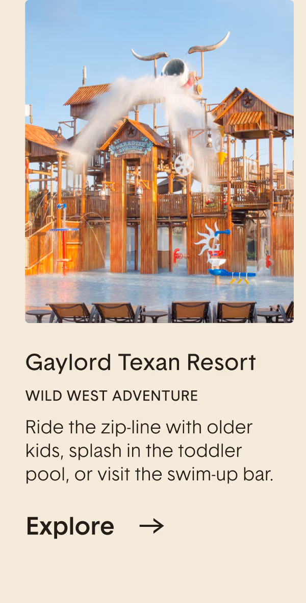 Gaylord Texan Resort. Ride the zip-line with older kids, splash in the toddler pool, or visit the swim-up bar.